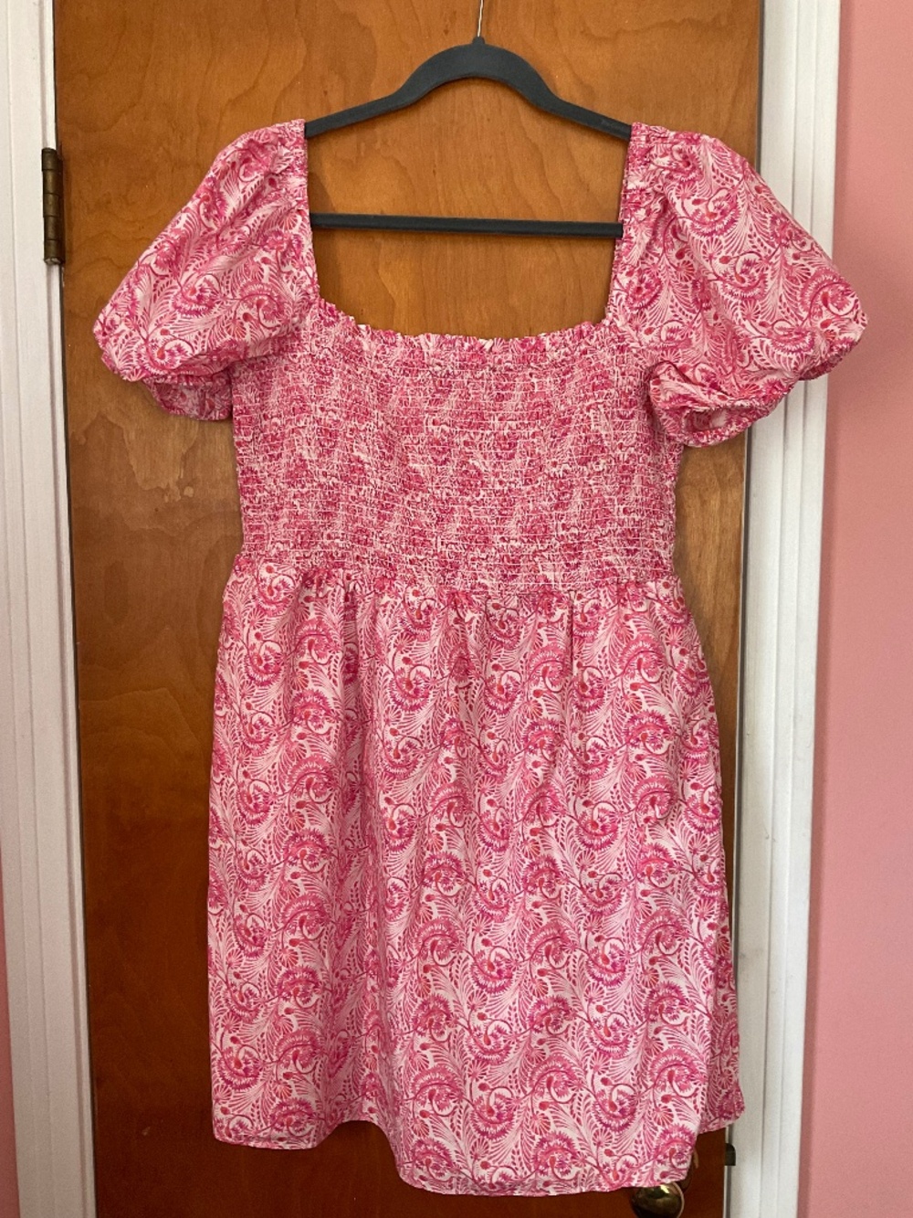 J Crew Pink Floral Sundress Sz L Smocked Top Puff Short Sleeves Pockets